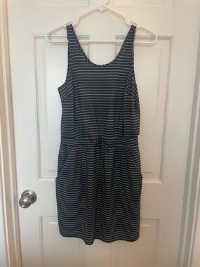 all in motion Black and White Striped Sleeveless Drawstring Mini Dress